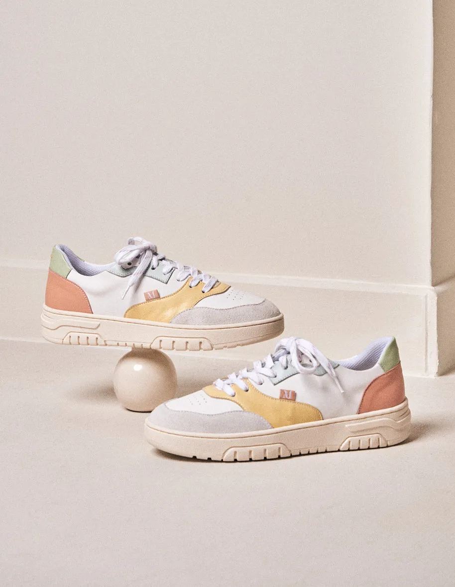 Baskets basses Albertine - Cuir et suède blanc citron ciel