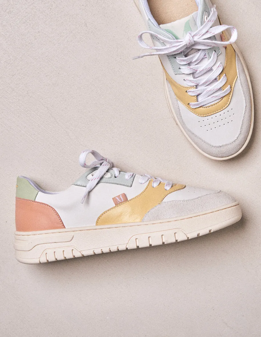 Baskets basses Albertine - Cuir et suède blanc citron ciel