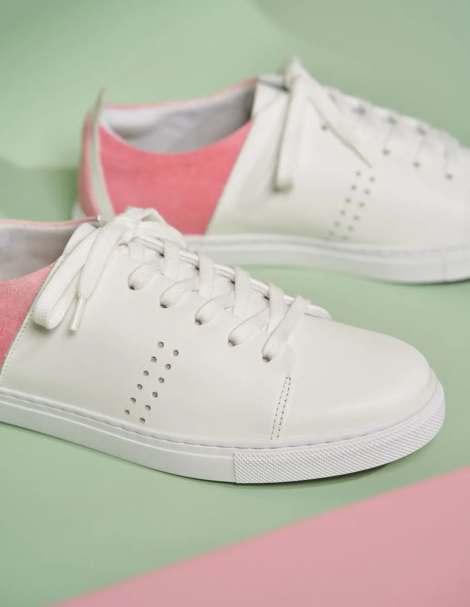 Baskets basses Renée - Cuir blanc et toile tie and dye rose