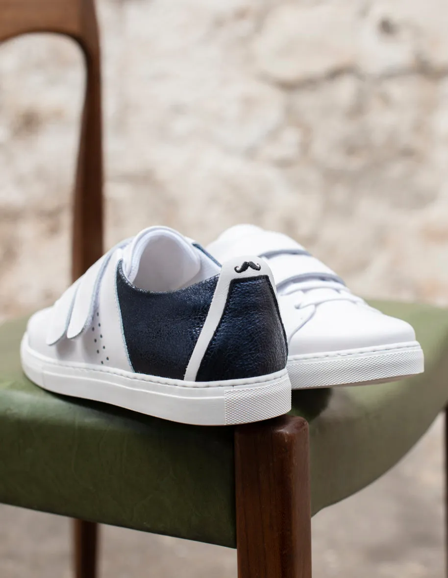 Baskets basses Renée scratch - Cuir Blanc Craquelé Marine