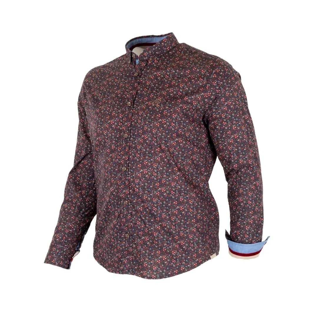 Chemise ml bleue fleurie en popeline