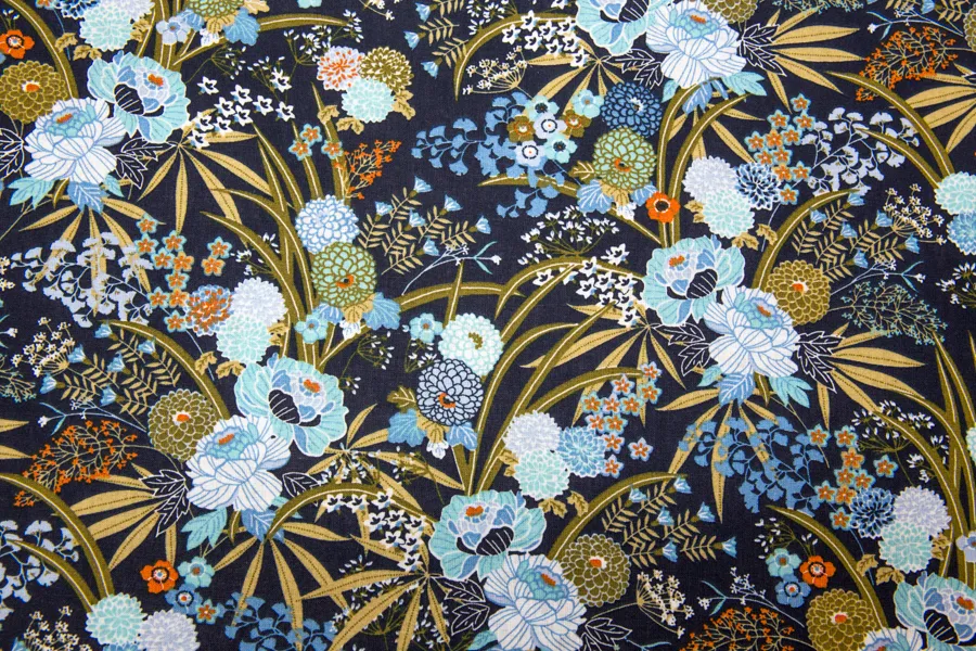 Coupon de tissu coton - Fleurs du Japon Bleu - OEKO-TEX