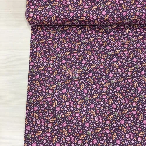 Coupon tissu 100% coton popeline déco motifs mini fleurs roses violet mauve bleu jaune vert 1m x 1,80m pour 45 masques de protec