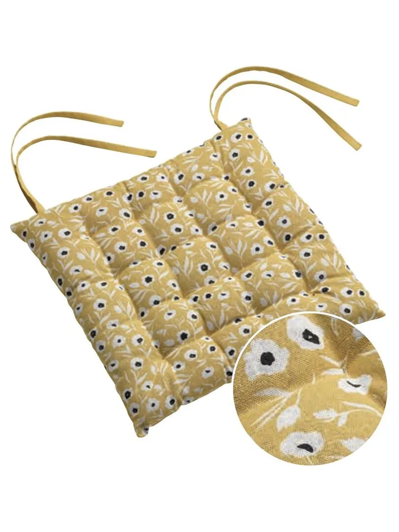 Galette de chaise matelassee Flo fleurie - Jaune