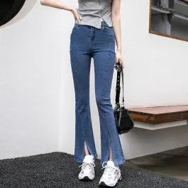 Jeans patte d'éléphant taille haute pour femme avec fente sur le devant