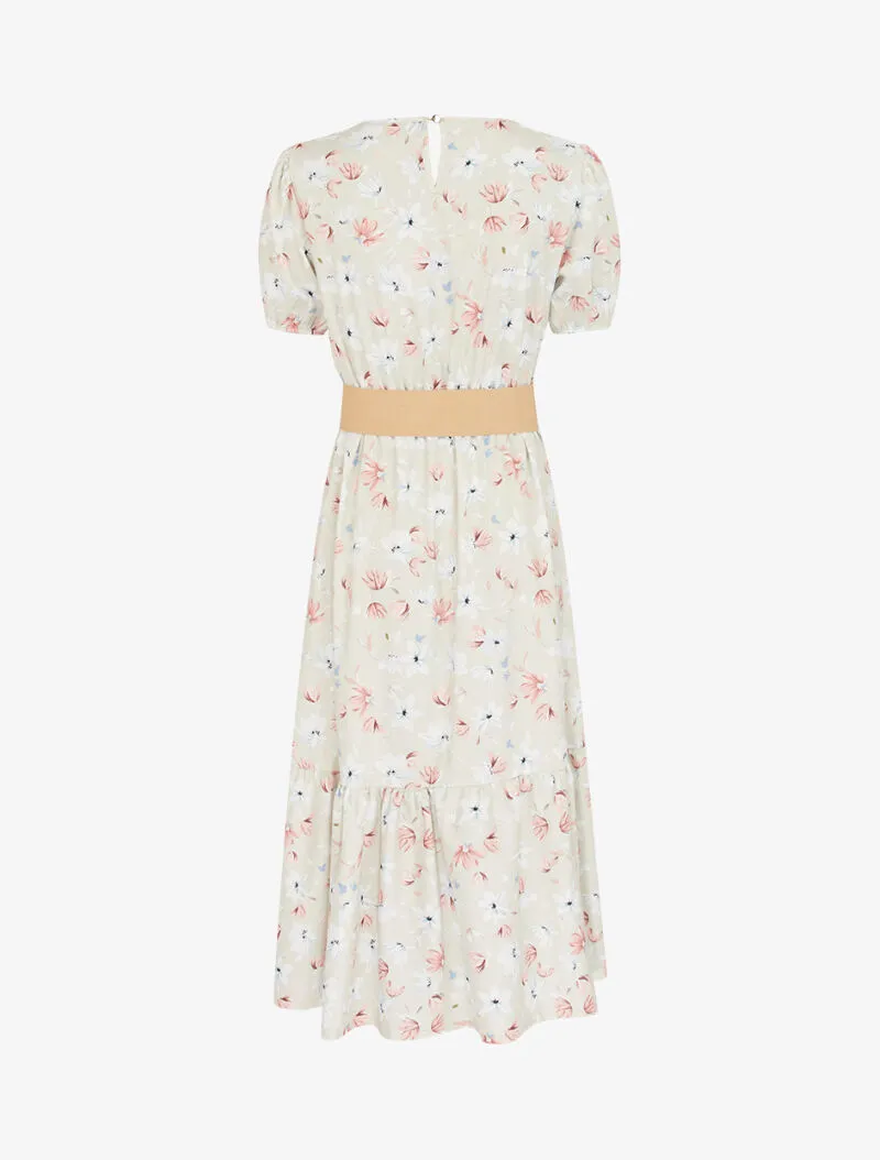 Robe fleurie à manches ballon - beige