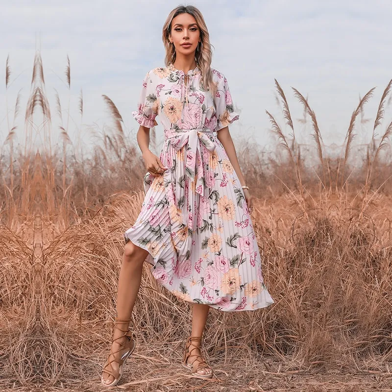Robe longue fleurie rose plissée | Tendance Fleurie