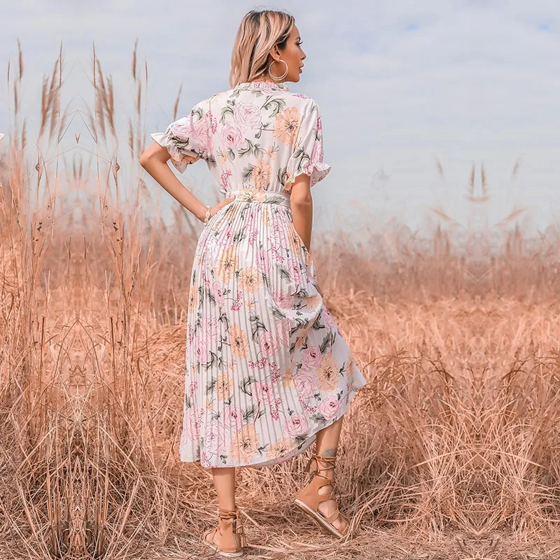 Robe longue fleurie rose plissée | Tendance Fleurie
